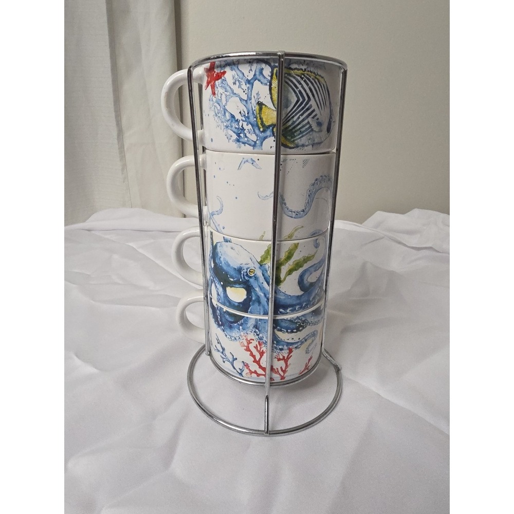 Pier 1 Imports Sea Life collection with metal rack Stoneware stackable mug set 4